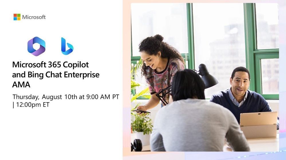 A group of people in a meeting with banner for Microsoft 365 Copilot and Bing Chat Enterprise AMA