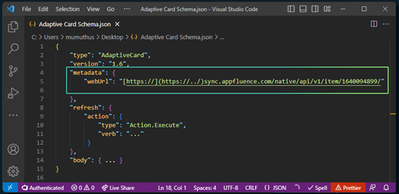 Fig. Add metadata.weburl property to turn your existing Adaptive Card experiences to Loop component