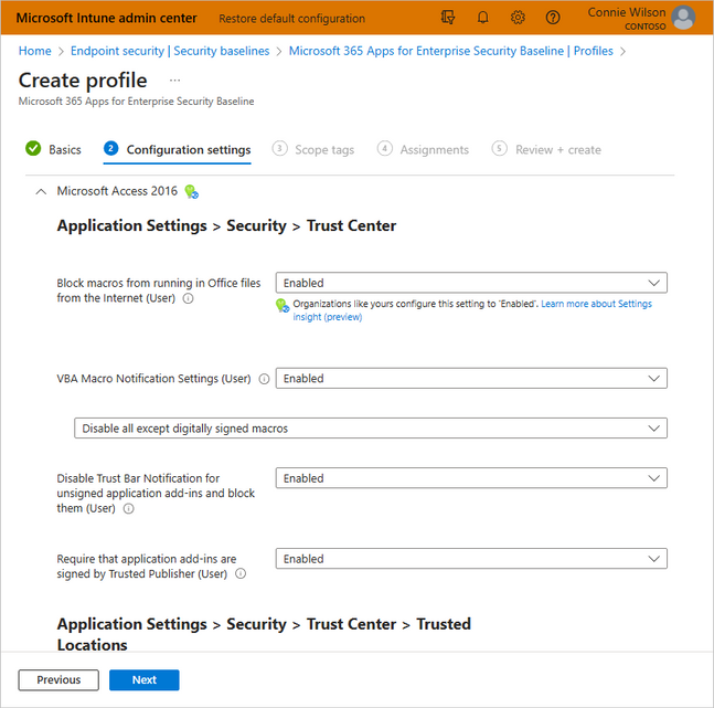 Screenshot of creating a profile in the Microsoft 365 Apps for Enterprise Security Baseline menu, and all options in the Configuration settings step are enabled