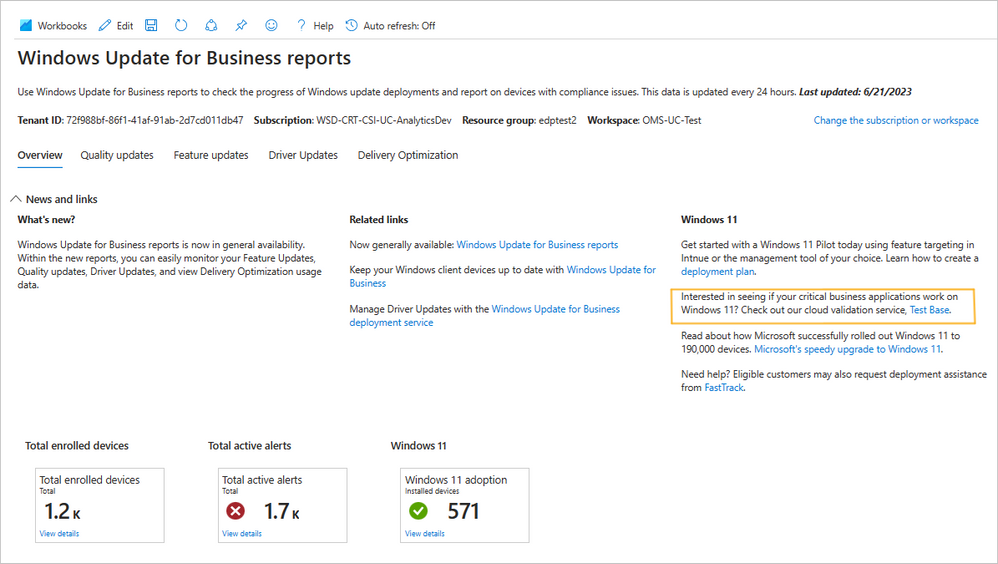 Screenshot of the Windows Update for Business reports for Windows 11 and a yellow box highlighting a link to Test Base