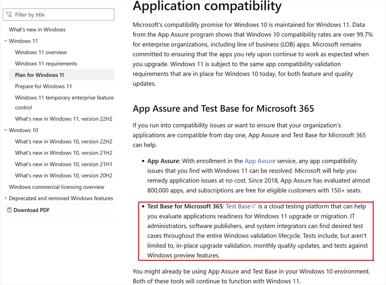 Screenshot of the Application compatibility document with a red box highlighting Test Base for Microsoft 365 link
