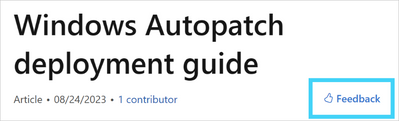 Screenshot of the Feedback link on the Windows Autopatch deployment guide web page.