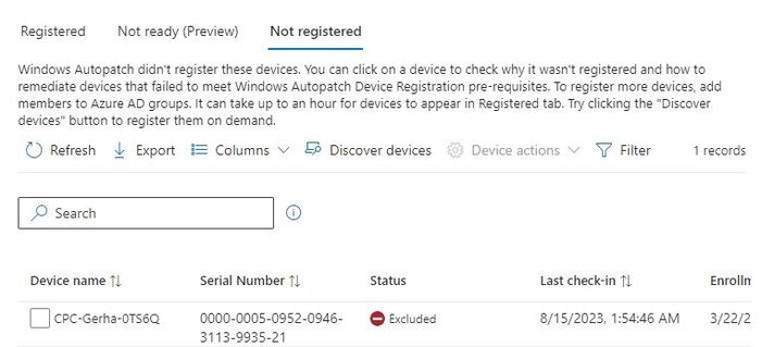Screenshot of the Not registered tab in the Devices blade of the Windows Autopatch interface.