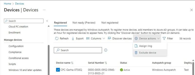 Screenshot of device actions in the Devices blade of the Windows Autopatch interface.