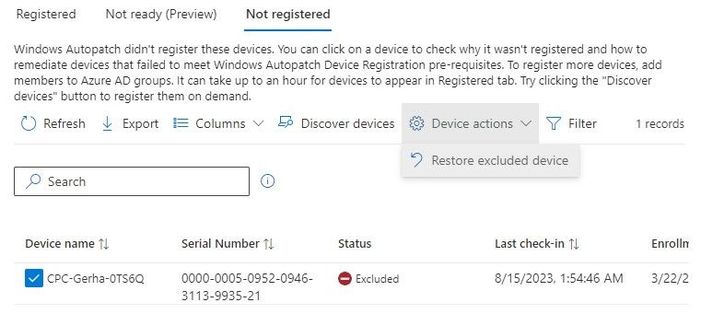 Screenshot of the Restore excluded device action for Not registered devices in the Windows Autopatch interface.