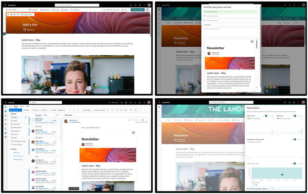 Four images, clockwise starting top left: SharePoint news article in SharePoint, sending email feature, SharePoint news in the email client, and the statistics for view counts.