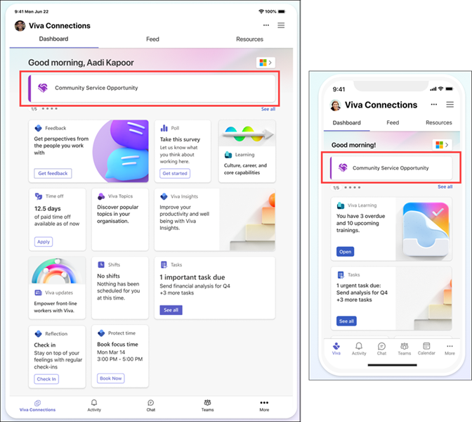 Announcements allow you to create and share time-sensitive messages in Viva Connections. You can set up, manage, and schedule announcements from your organization’s SharePoint home site.