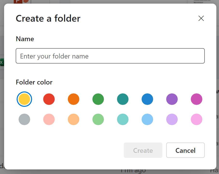You have the option to establish or change the color of a new or existing folder – here showing what it looks like when creating a new folder.