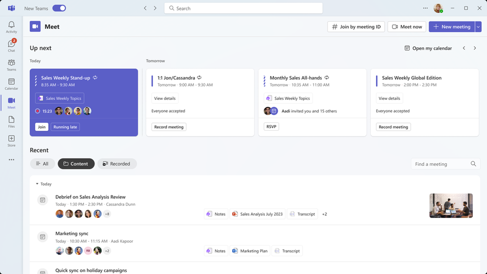 The Meet app is a centralized hub for all meeting activity and content on the new Microsoft Teams across Desktop and Web, the destination for pre, during and after meeting insights, content, and action items.
