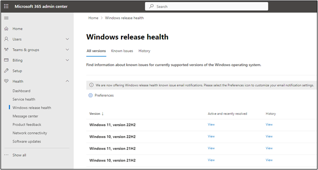 Screenshot of the Windows release health page in the Microsoft 365 admin center.