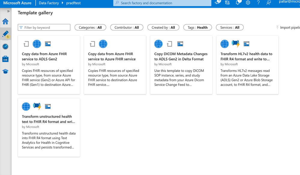 The image above shows the template gallery of Azure Data Factory, with five Health Data Services and AI services for Health examples listed with the “Health” tag.