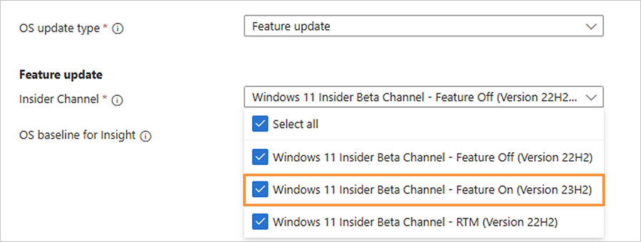 Screenshot of selecting your Insider channel from a dropdown menu of different Windows 11 releases.
