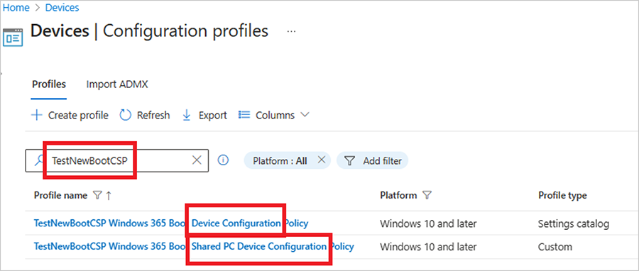 Screenshot of red boxes highlighting TestNewBootCSP, Device Configuration, and Shared PC Device Configuration in the Configuration profiles menu.png