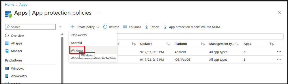 Image 1: App Protection Policies Console from Apps node in Microsoft Intune