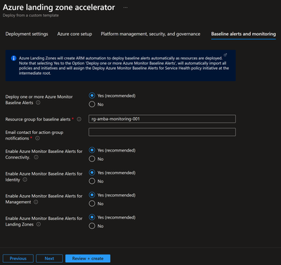 Picture of the Azure landing zone portal page for Baseline Alerts and Monitoring