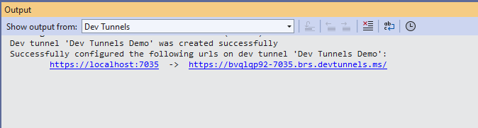 Janela Output do Visual Studio mostrando as URLs configuradas para o túnel