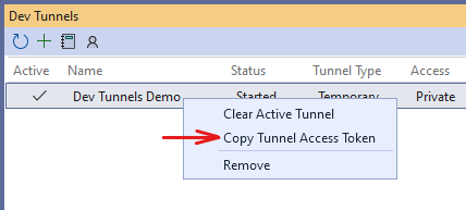 Menu de contexto destacando a opção Copy Tunnel Access Token