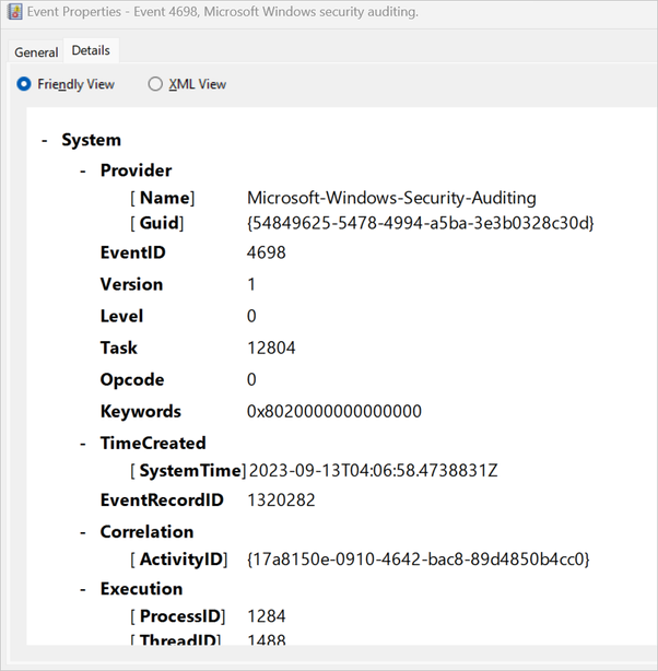 Screenshot of the header of an event in the Event Viewer Details tab, in friendly view