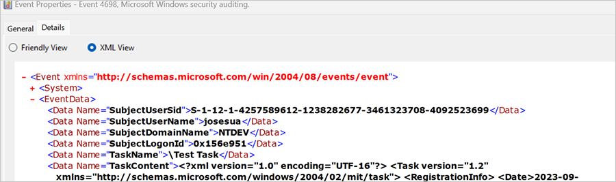 Screenshot of the payload of an event in the Event Viewer Details tab, in XML view