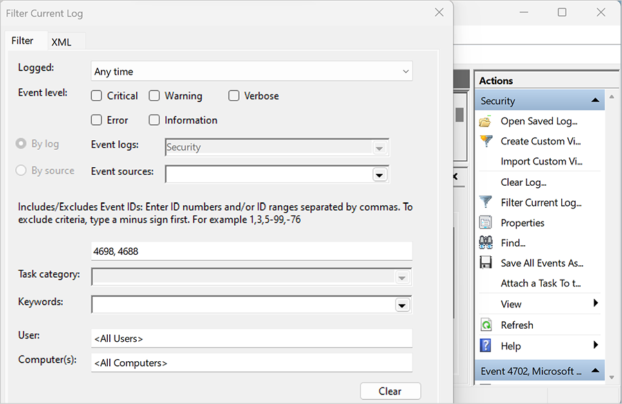 Screenshot of the Filter Current Log dialog box under Event Viewer’s security actions