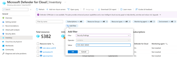 Figure 2. Filter Inventory for security findings with CVE-2023-38545.