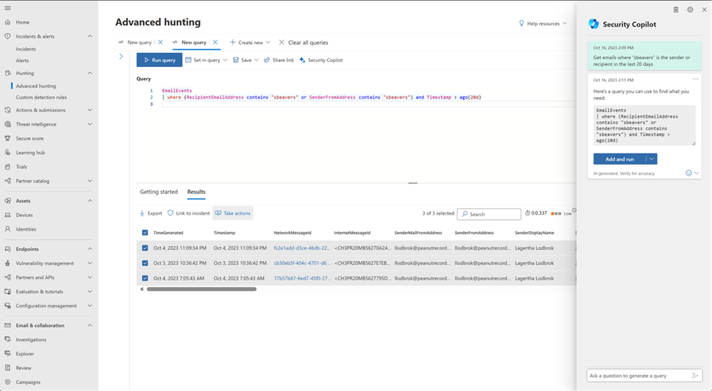 Figure 2: Microsoft Defender Security Portal showing the query assistant within Advanced hunting editor