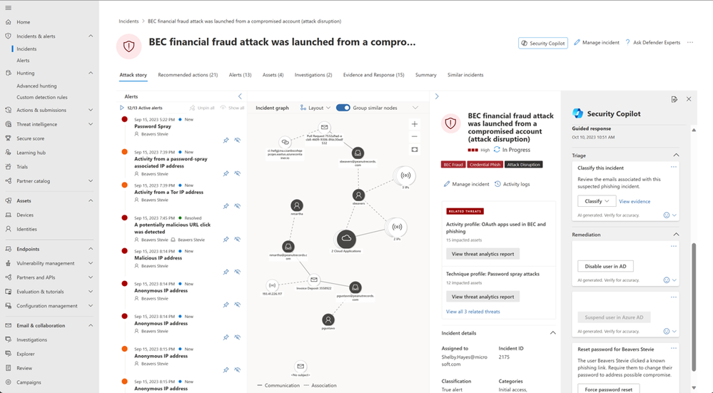 Figure 4: Microsoft 365 Defender portal showing the guided response within the Incident page
