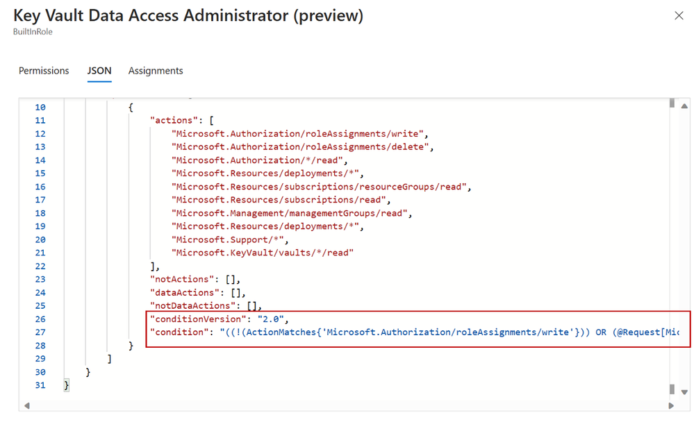 Figure 10: Key Vault Data Access Admin JSON view definition