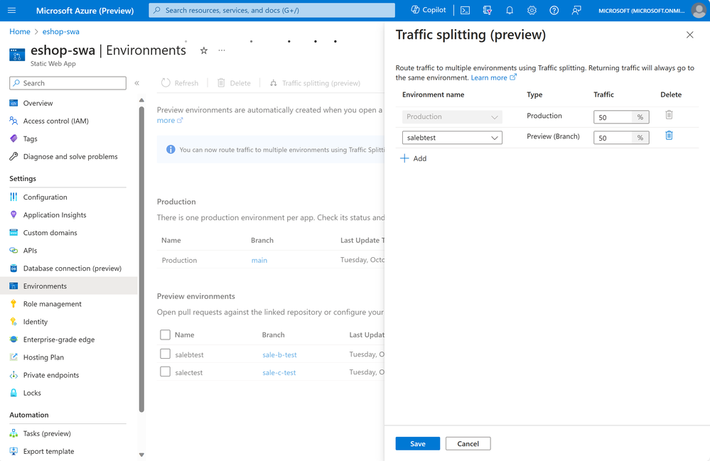 Screenshot of Azure Portal and traffic splitting configuration