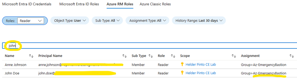 Azure Resource Manager roles with principal name search and direct vs. group assignments