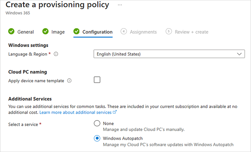 Screenshot of the Configuration stage in creating a provisioning policy. The additional service for Windows Autopatch is selected here.png