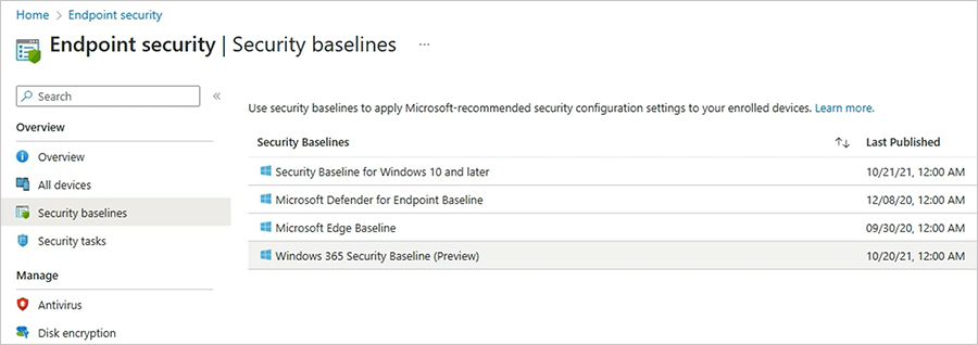 Screenshot of Windows 365 Security Baseline Preview highlighted under the Endpoint security menu.png