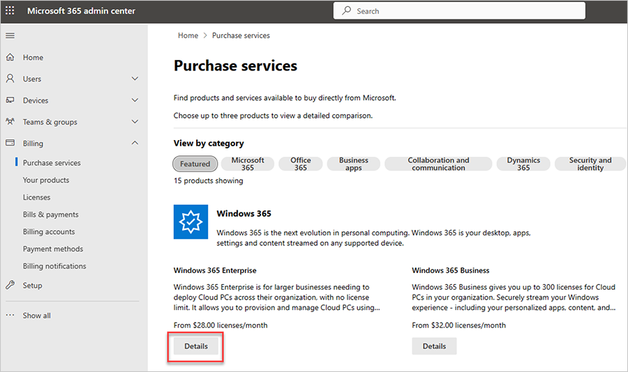 Screenshot of the details button highlighted by a red box at the bottom of the Purchase service page.png