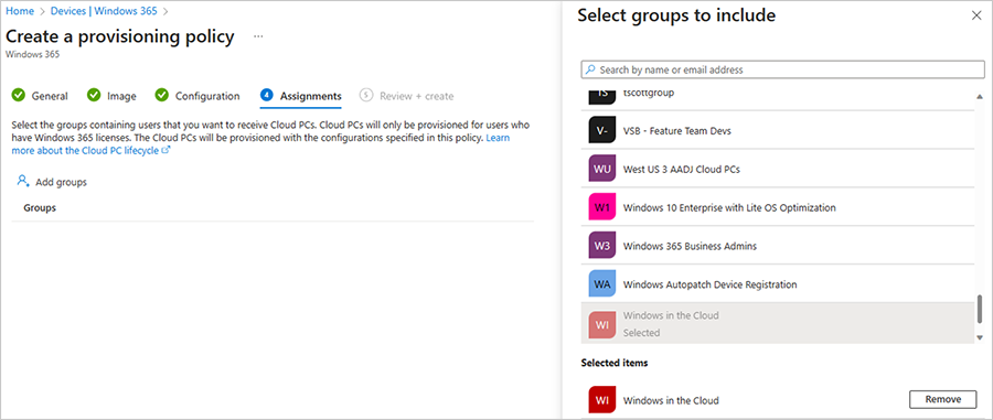 Select groups to include in creating a provisioning policy.png
