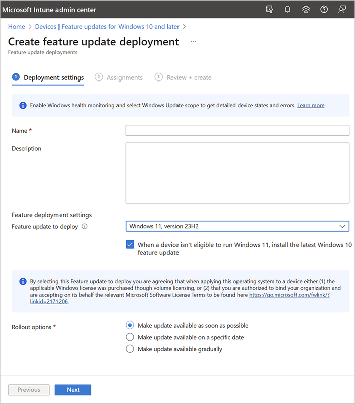 Screenshot of feature update deployment settings with a checked box under the selected Windows version in the Microsoft Intune admin center.