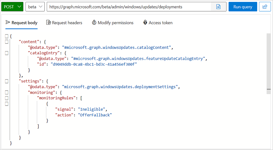 Screenshot of a request for creating a Windows 11 feature update deployment in the Microsoft Graph API.