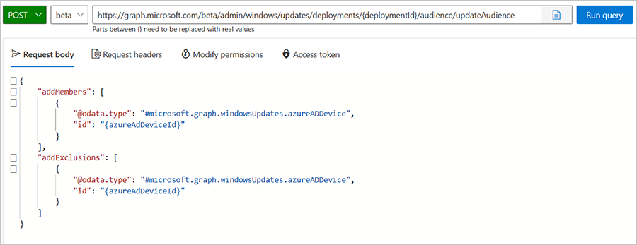 Screenshot of a request for adding devices and exclusions for the above deployment in the Microsoft Graph API.