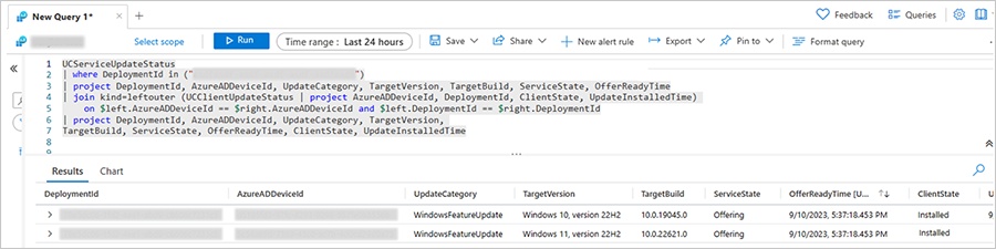 Screenshot of a query in Windows Update for Business reports of a deployment with one device targeted for Windows 11 and another for Windows 10.