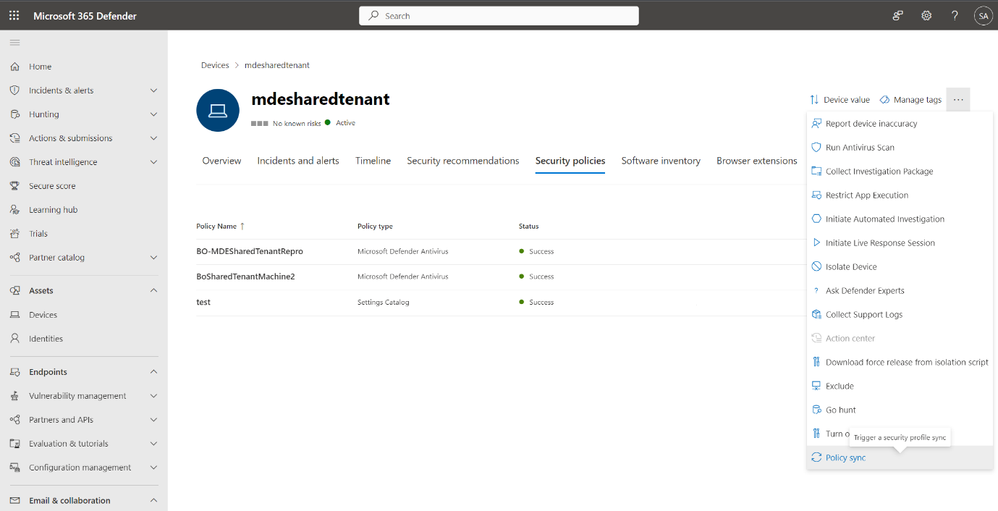 Figure 3: Device page in Microsoft 365 Defender showing the Policy sync action in the actions menu.