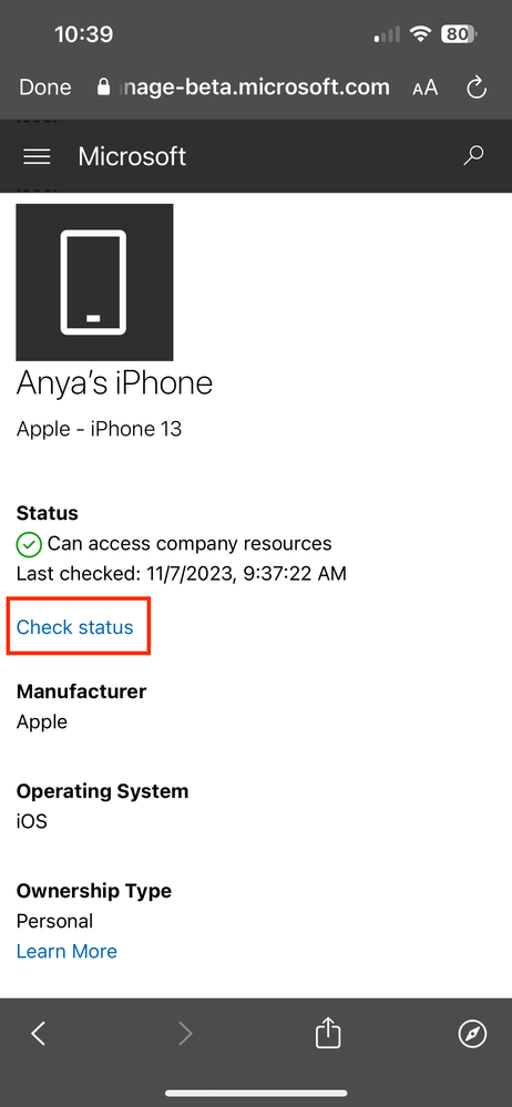 Figure 6: Screenshot of the Intune Company Portal website in a browser session with the "Check status" setting highlighted.