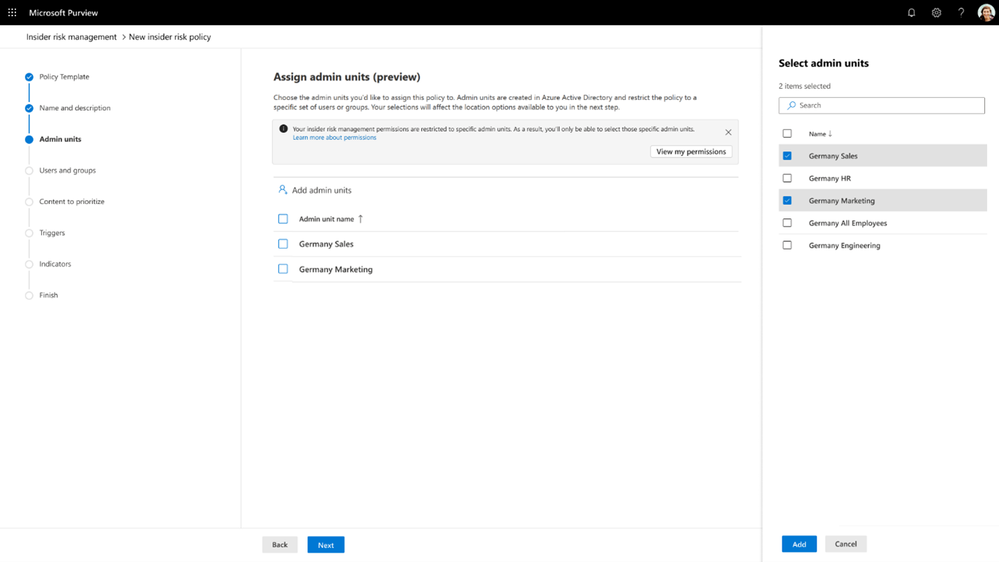 Figure 6: Creating an admin unit to respect regional requirements of insider risk programs