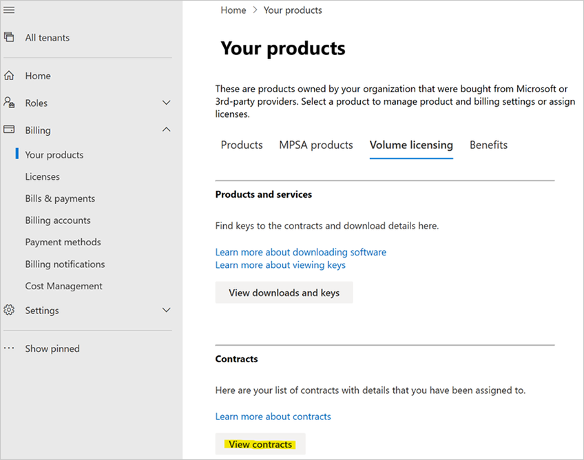 Screenshot of the Your products page in Microsoft admin center.