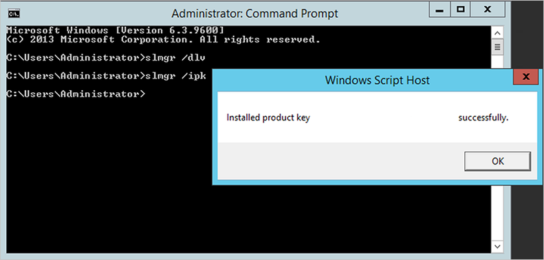 A command prompt popup message confirms successful installation of the ESU product key.