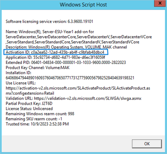 A Windows Script Host dialog box shows the Activation ID number along with other details.