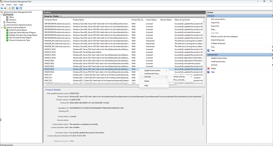 A screenshot of the VAMT interface shows activation options in a popup menu for a selected computer under products.