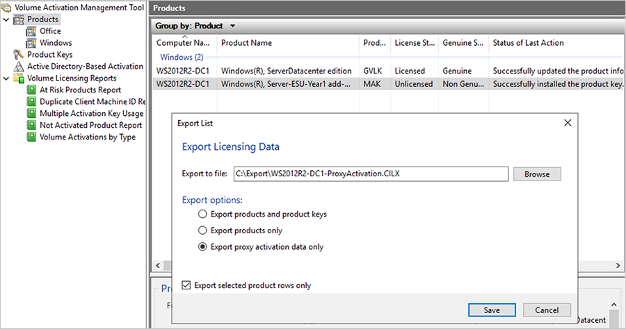 Screenshot of a VAMT dialog box to Export Licensing Data.