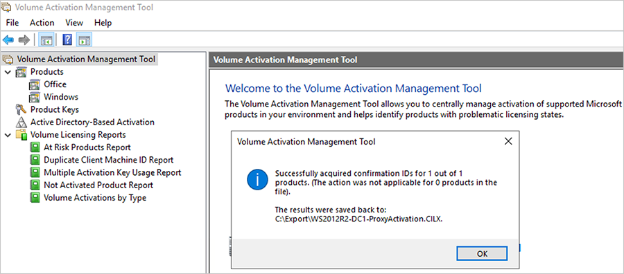Screenshot of a VAMT dialog box confirming successful acquisition of confirmation IDs.