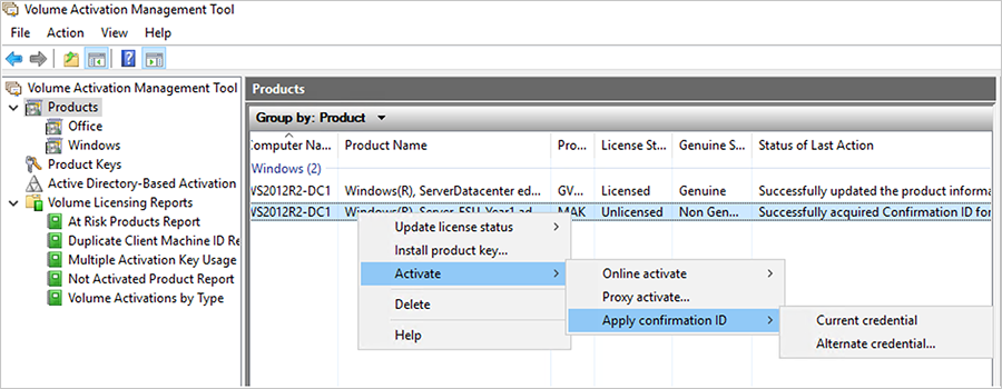 Screenshot of the VAMT interface shows popup menu options to activate a Windows Server product by applying a confirmation ID.