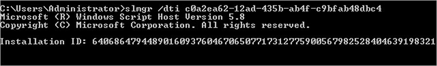Screenshot of a command prompt interface returning an installation ID number.