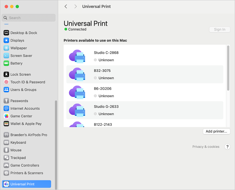 Screenshot of Universal Print settings on a macOS device showing that Universal Print is connected and listing several printers available to use on the device.